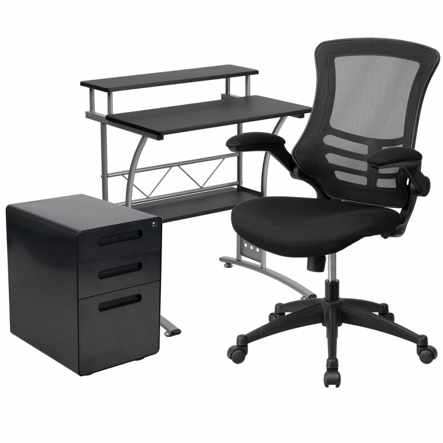 Office & Reception FLASH Office Bundles | Work From Home Kit - Computer Desk, Ergonomic Mesh Office Chair And Locking Mobile Filing Cabinet With Inset Handles