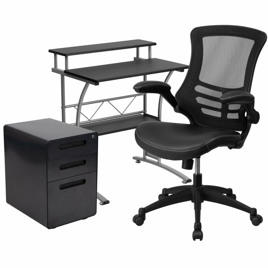 Office & Reception FLASH Office Bundles | Work From Home Kit - Computer Desk, Ergonomic Mesh/Leathersoft Office Chair And Locking Mobile Filing Cabinet