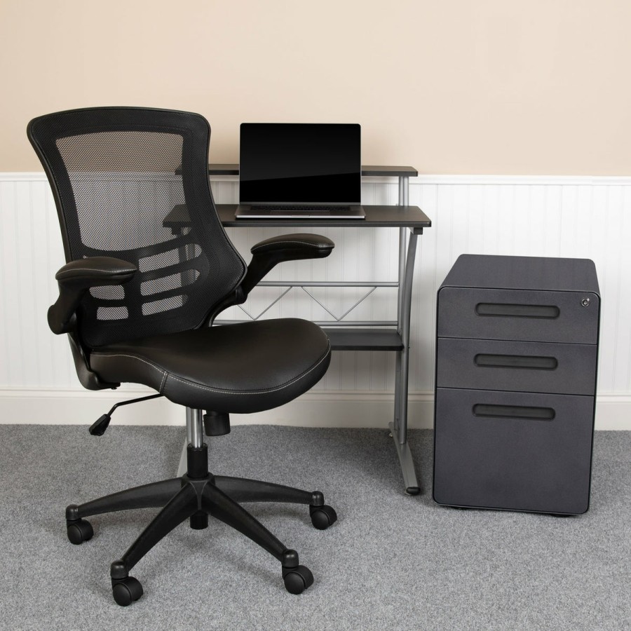 Office & Reception FLASH Office Bundles | Work From Home Kit - Computer Desk, Ergonomic Mesh/Leathersoft Office Chair And Locking Mobile Filing Cabinet