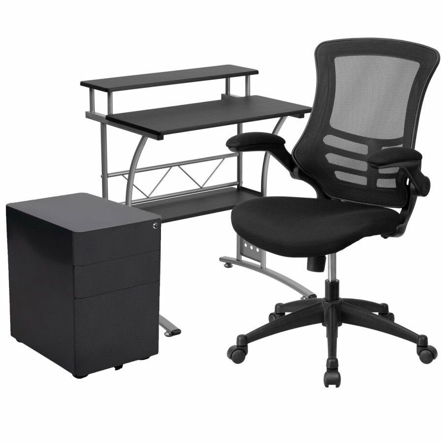 Office & Reception FLASH Office Bundles | Work From Home Kit - Computer Desk, Ergonomic Mesh Office Chair And Locking Mobile Filing Cabinet With Side Handles