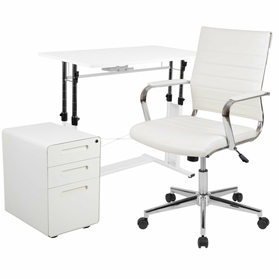 Office & Reception FLASH Office Bundles | Work From Home Kit - Adjustable Computer Desk, Leathersoft Office Chair And Inset Handle Locking Mobile Filing Cabinet