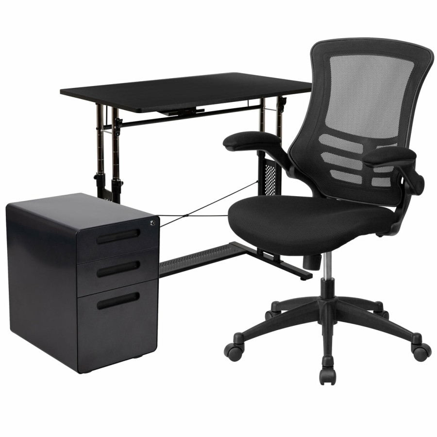 Office & Reception FLASH Office Bundles | Work From Home Kit - Adjustable Computer Desk, Ergonomic Mesh Office Chair And Locking Mobile Filing Cabinet With Inset Handles