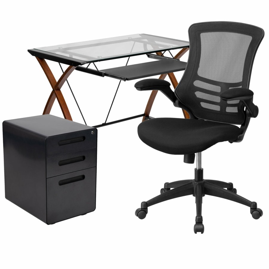 Office & Reception FLASH Office Bundles | Work From Home Kit - Glass Desk With Keyboard Tray, Ergonomic Mesh Office Chair And Filing Cabinet With Lock & Inset Handles