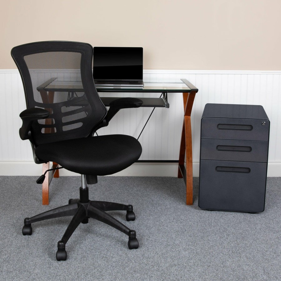 Office & Reception FLASH Office Bundles | Work From Home Kit - Glass Desk With Keyboard Tray, Ergonomic Mesh Office Chair And Filing Cabinet With Lock & Inset Handles