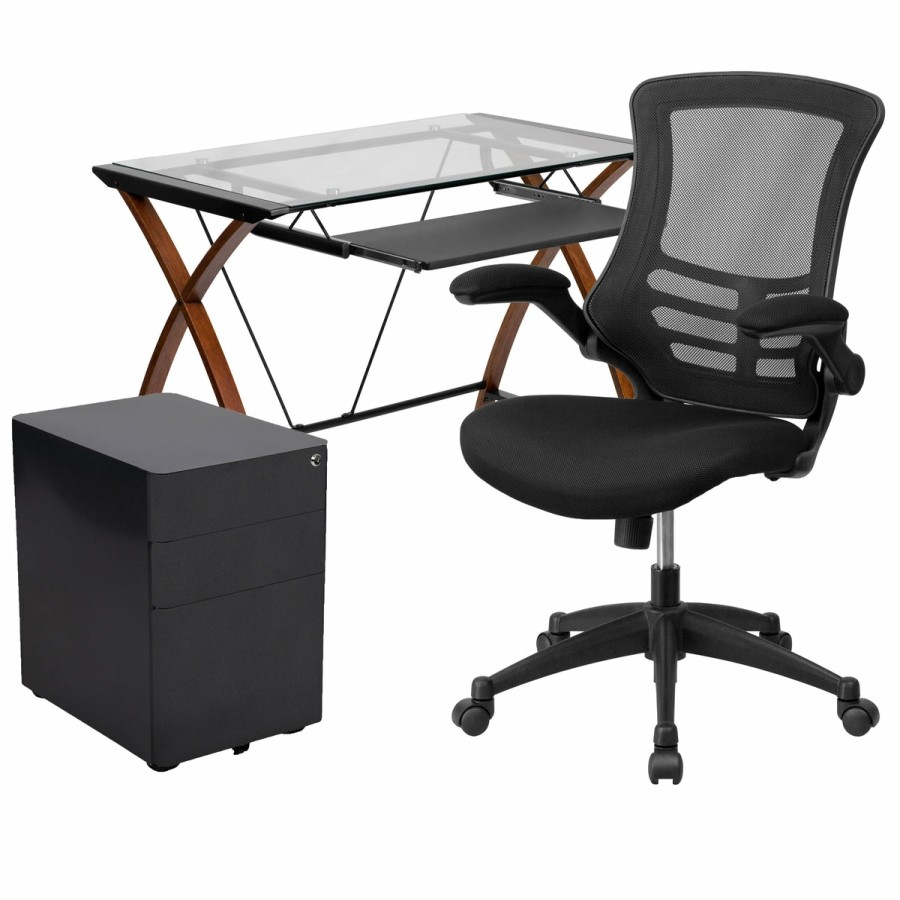 Office & Reception FLASH Office Bundles | Work From Home Kit - Glass Desk With Keyboard Tray, Ergonomic Mesh Office Chair And Filing Cabinet With Lock & Side Handles