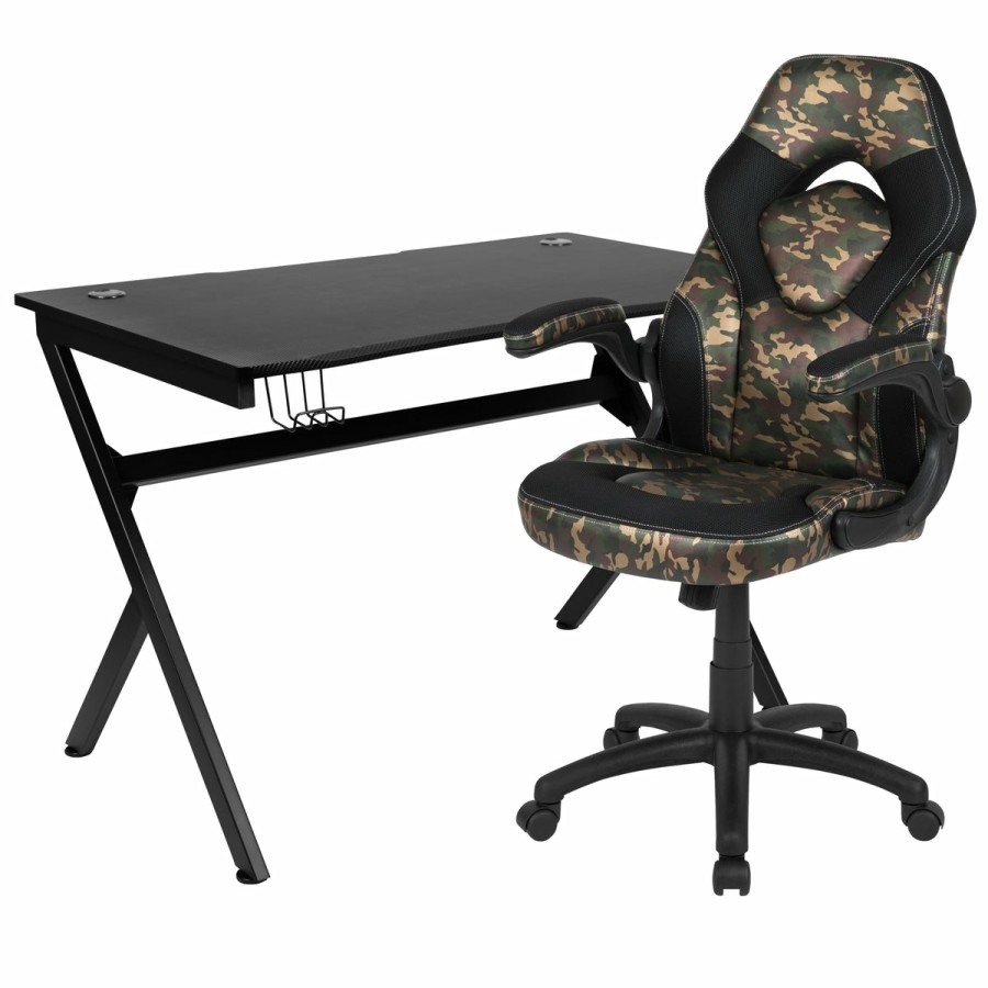 Office & Reception FLASH Gaming Desks & Chairs | Gaming Desk And Racing Chair Set With Cup Holder, Headphone Hook & 2 Wire Management Holes