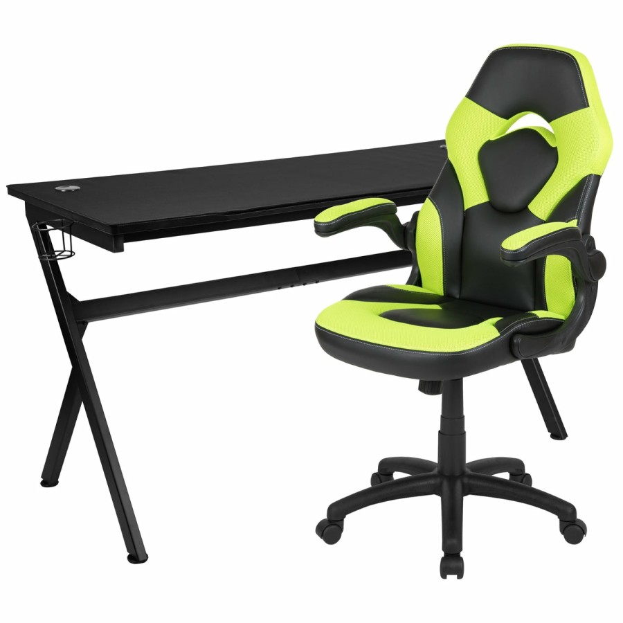 Office & Reception FLASH Gaming Desks & Chairs | Gaming Desk And Racing Chair Set With Cup Holder, Headphone Hook And Removable Mouse Pad Top - 2 Wire Management Holes