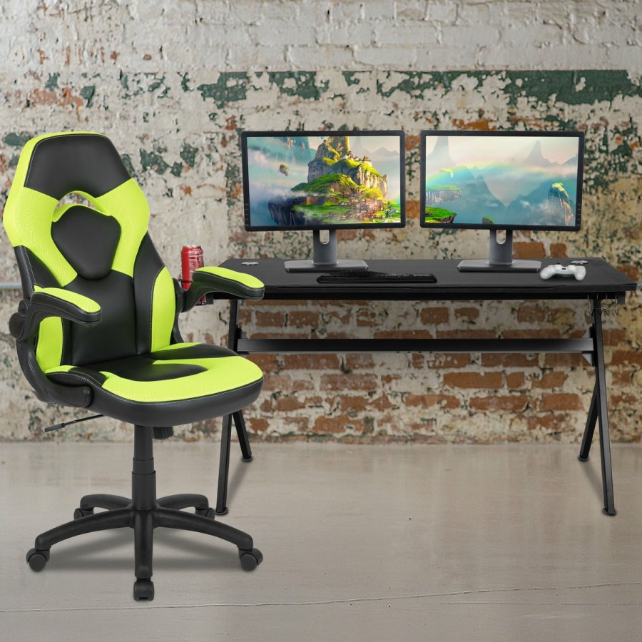 Office & Reception FLASH Gaming Desks & Chairs | Gaming Desk And Racing Chair Set With Cup Holder, Headphone Hook And Removable Mouse Pad Top - 2 Wire Management Holes