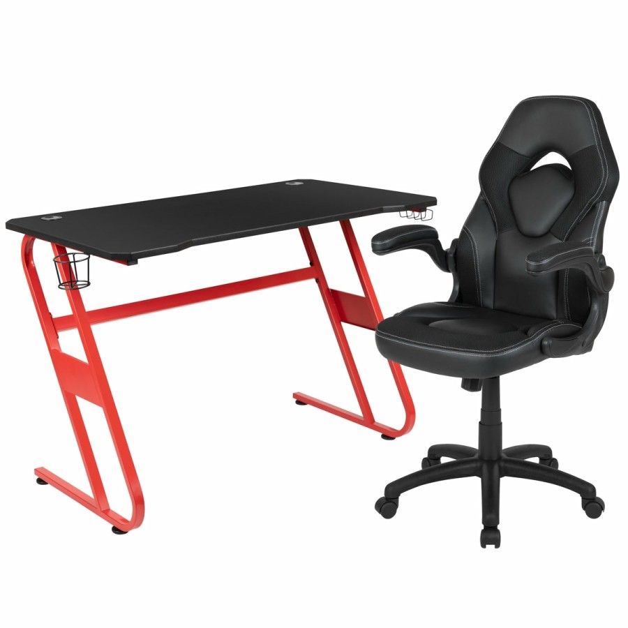 Office & Reception FLASH Gaming Desks & Chairs | Gaming Desk And Racing Chair Set With Cup Holder And Headphone Hook