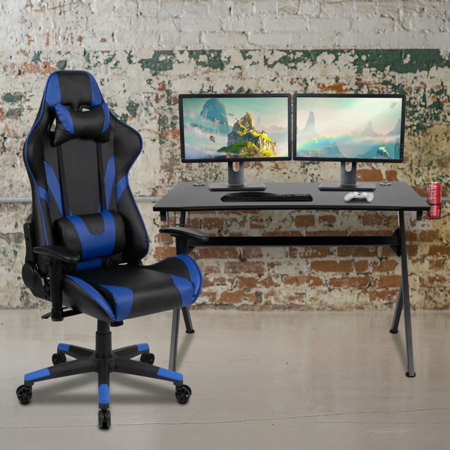 Office & Reception FLASH Gaming Desks & Chairs | Gaming Desk And Reclining Gaming Chair Set With Cup Holder, Headphone Hook & 2 Wire Management Holes