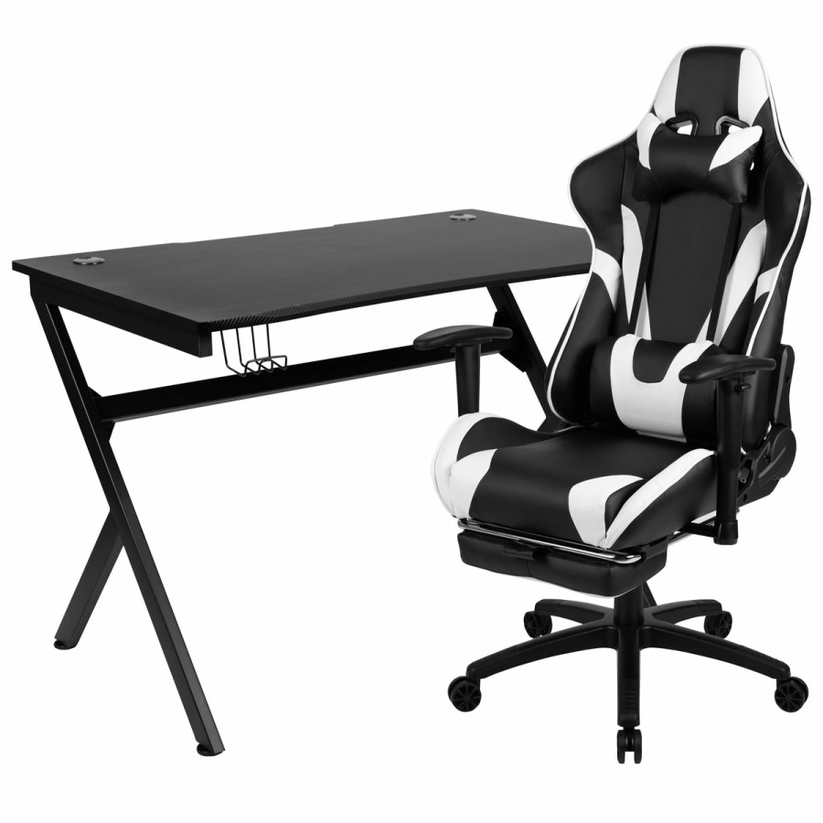 Office & Reception FLASH Gaming Desks & Chairs | Gaming Desk And Footrest Reclining Gaming Chair Set With Cup Holder, Headphone Hook & 2 Wire Management Holes