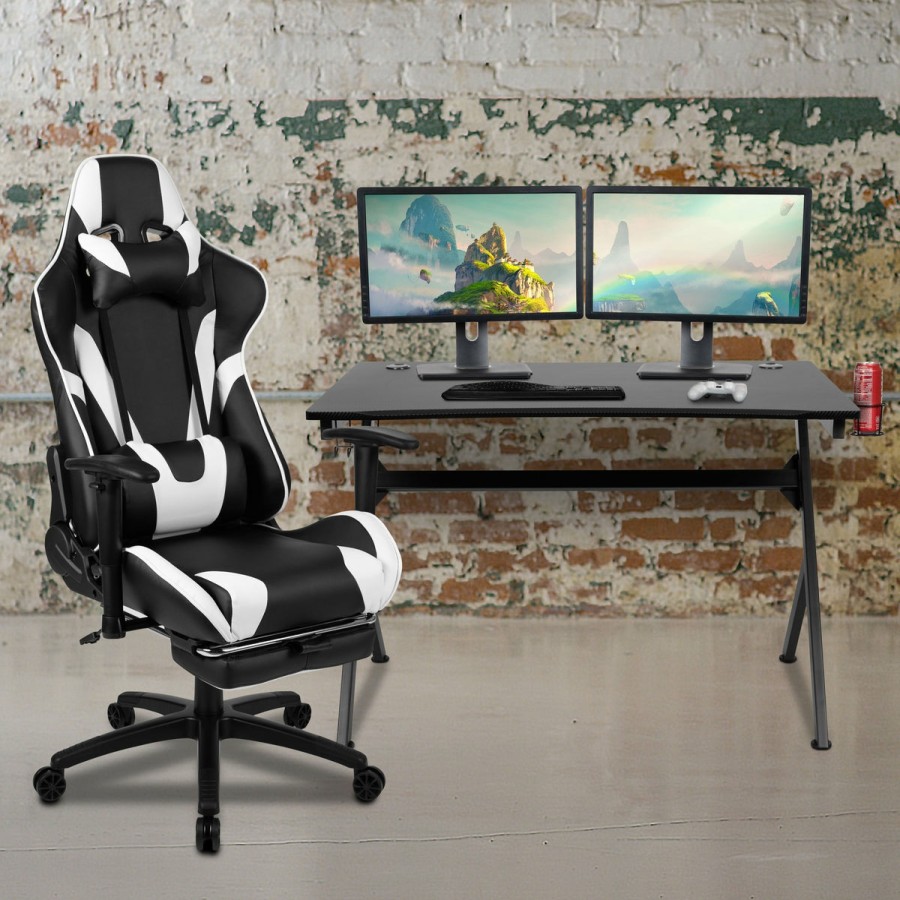 Office & Reception FLASH Gaming Desks & Chairs | Gaming Desk And Footrest Reclining Gaming Chair Set With Cup Holder, Headphone Hook & 2 Wire Management Holes