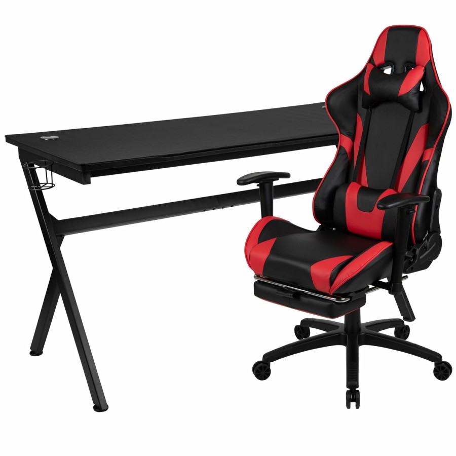 Office & Reception FLASH Gaming Desks & Chairs | Gaming Desk And Footrest Reclining Gaming Chair Set - Cup Holder/Headphone Hook/Removable Mouse Pad Top/Wire Management