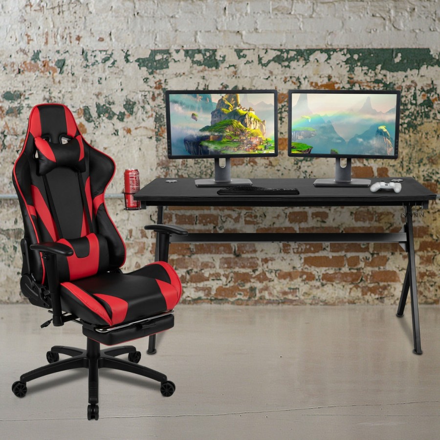 Office & Reception FLASH Gaming Desks & Chairs | Gaming Desk And Footrest Reclining Gaming Chair Set - Cup Holder/Headphone Hook/Removable Mouse Pad Top/Wire Management