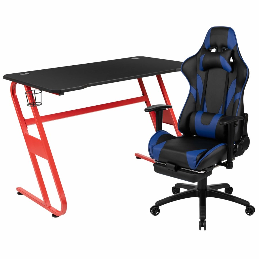 Office & Reception FLASH Gaming Desks & Chairs | Gaming Desk And Footrest Reclining Gaming Chair Set With Cup Holder And Headphone Hook