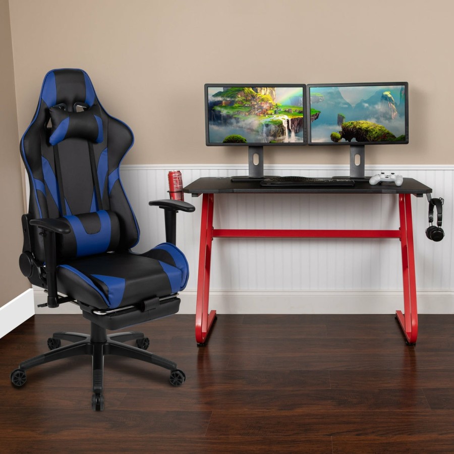 Office & Reception FLASH Gaming Desks & Chairs | Gaming Desk And Footrest Reclining Gaming Chair Set With Cup Holder And Headphone Hook