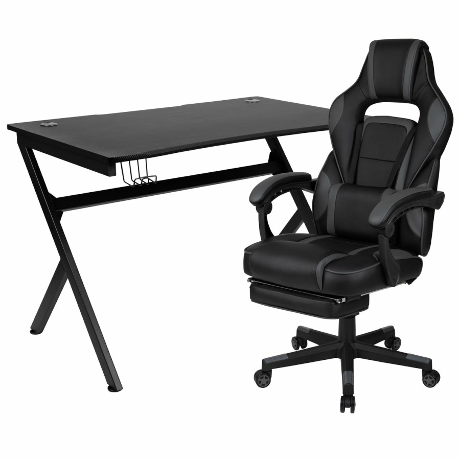 Office & Reception FLASH Gaming Desks & Chairs | Gaming Desk With Cup Holder/Headphone Hook/2 Wire Management Holes & Reclining Back/Arms Gaming Chair With Footrest