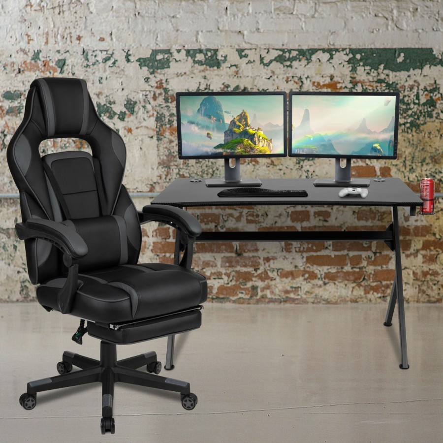 Office & Reception FLASH Gaming Desks & Chairs | Gaming Desk With Cup Holder/Headphone Hook/2 Wire Management Holes & Reclining Back/Arms Gaming Chair With Footrest