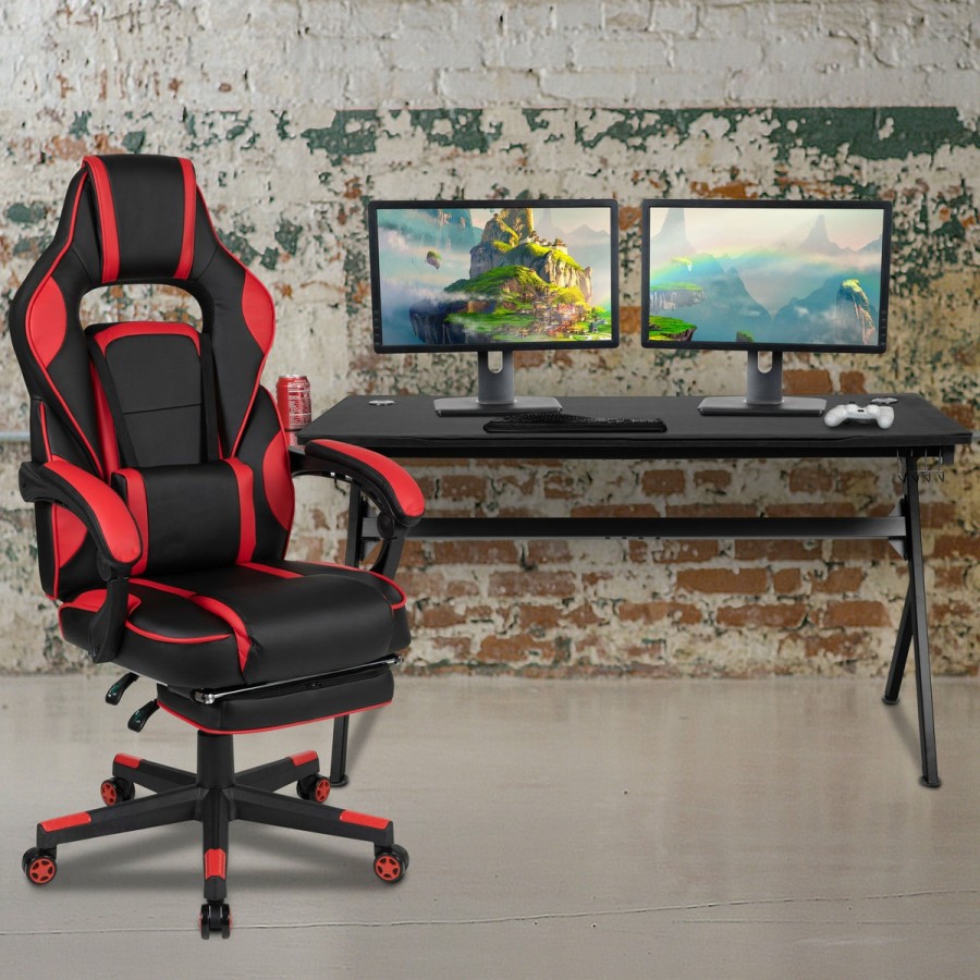 Office & Reception FLASH Gaming Desks & Chairs | Gaming Desk With Cup Holder/Headphone Hook/Removable Mousepad Top & Reclining Back/Arms Gaming Chair With Footrest