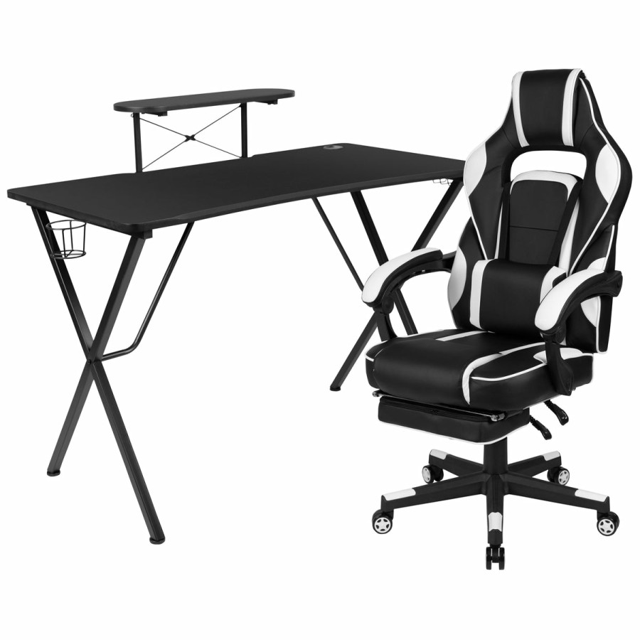 Office & Reception FLASH Gaming Desks & Chairs | Gaming Desk With Cup Holder/Headphone Hook/Monitor Stand & Reclining Back/Arms Gaming Chair With Footrest