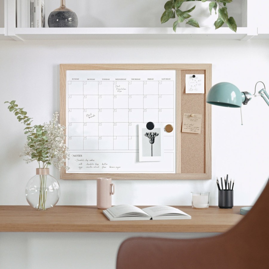 Office & Reception MARTHA STEWART Desk Organizers | Everette Magnetic Dry Erase Monthly Calendar And Cork Board Combo With Included Marker, Magnets, And Push Pins, Woodgrain Frame