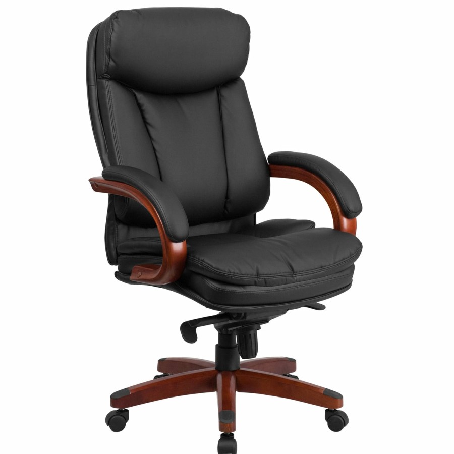 Office & Reception FLASH Executive Office Chairs | High Back Leathersoft Executive Swivel Ergonomic Office Chair With Synchro-Tilt Mechanism, Mahogany Wood Base And Arms