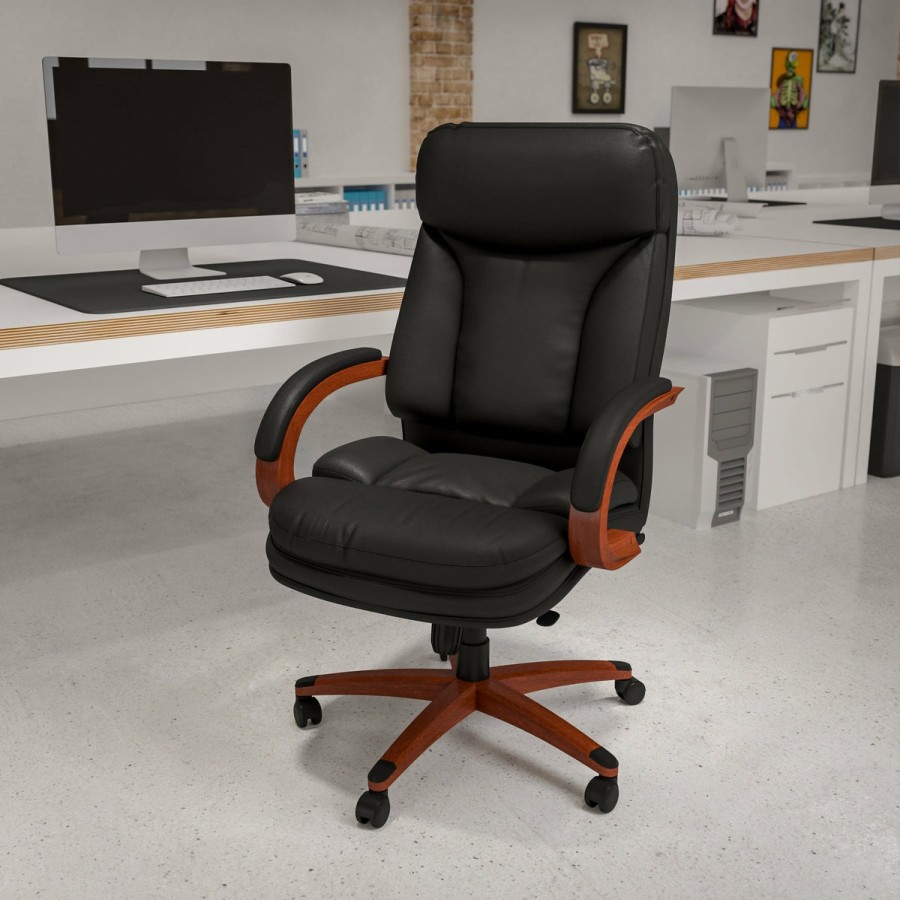 Office & Reception FLASH Executive Office Chairs | High Back Leathersoft Executive Swivel Ergonomic Office Chair With Synchro-Tilt Mechanism, Mahogany Wood Base And Arms