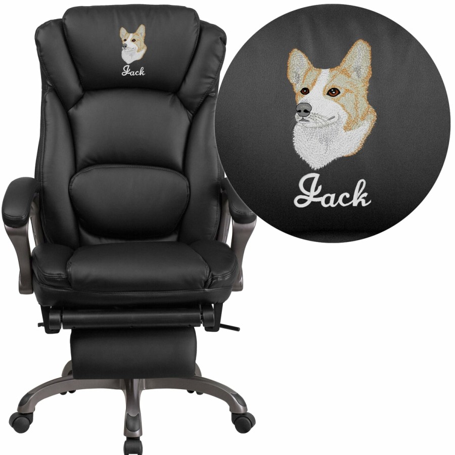 Office & Reception FLASH Personalized Office Chairs | Embroidered High Back Leathersoft Executive Reclining Swivel Office Chair With Outer Lumbar Cushion And Arms