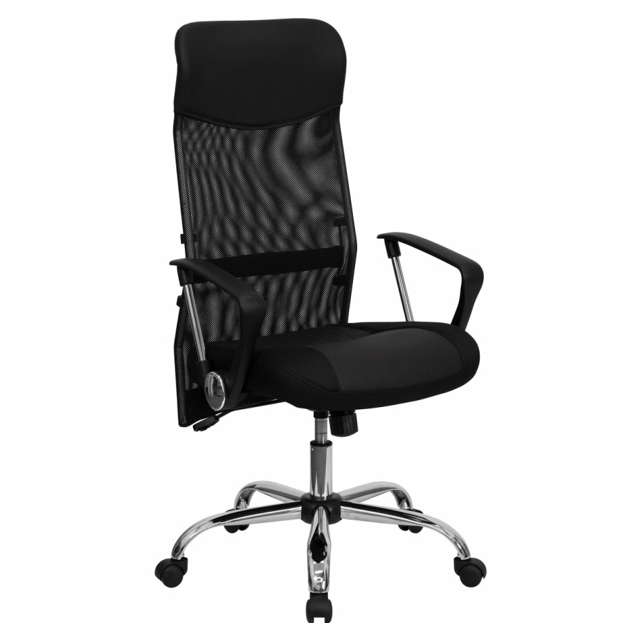 Office & Reception FLASH Task Office Chairs | High Back Leather And Mesh Swivel Task Office Chair With Arms