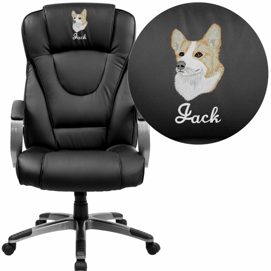 Office & Reception FLASH Personalized Office Chairs | Embroidered High Back Leathersoft Executive Swivel Office Chair With Titanium Nylon Base And Loop Arms