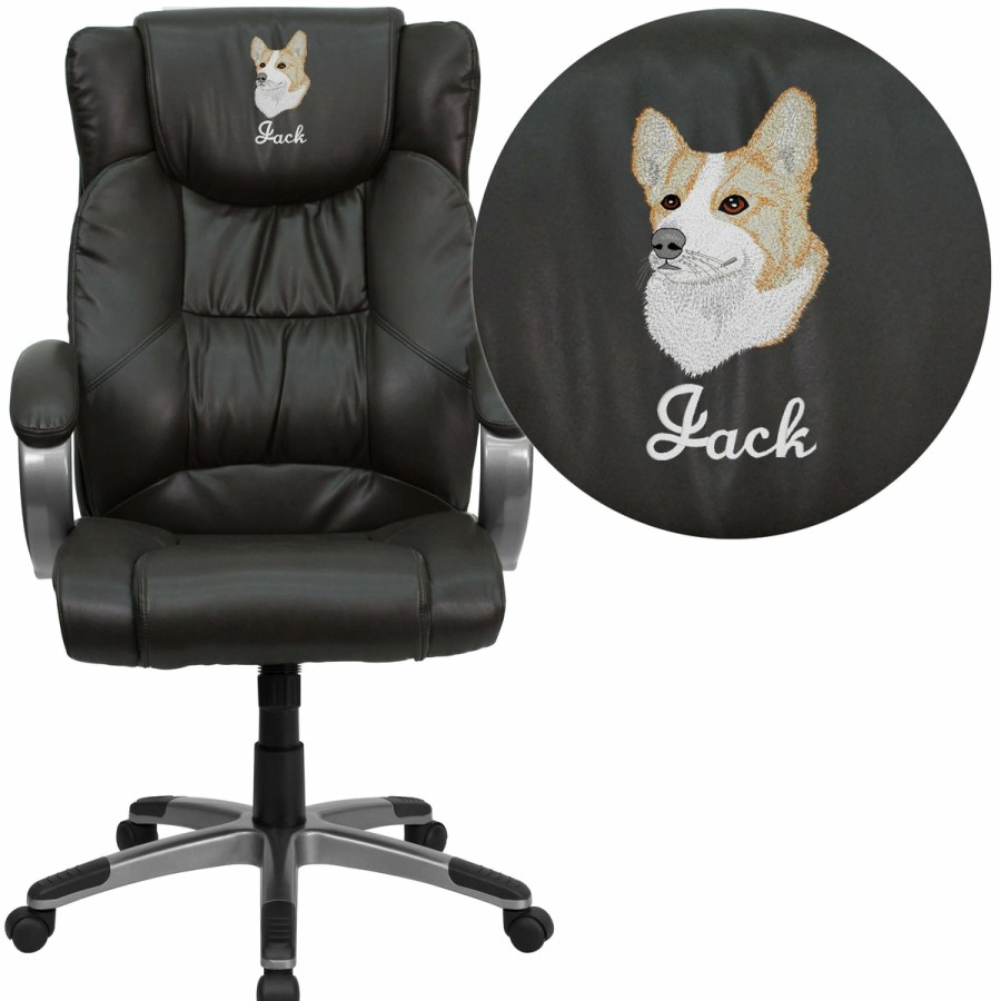 Office & Reception FLASH Personalized Office Chairs | Embroidered High Back Leathersoft Soft Ripple Upholstered Executive Swivel Office Chair With Titanium Nylon Base And Loop Arms