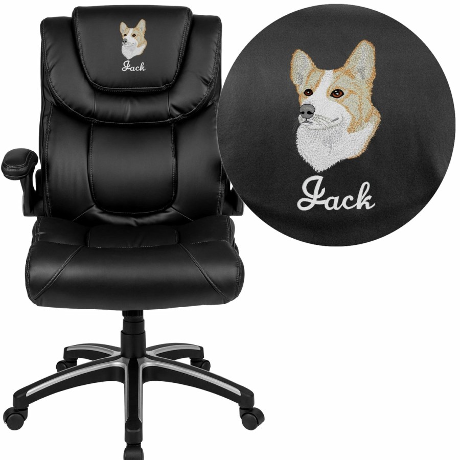 Office & Reception FLASH Personalized Office Chairs | Embroidered High Back Leathersoft Executive Swivel Office Chair With Double Layered Headrest And Open Arms