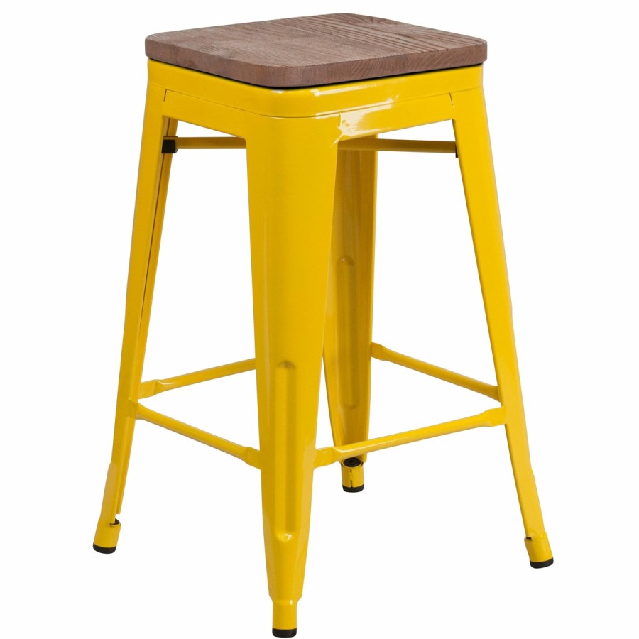 More FLASH | 24" High Backless Metal Counter Height Stool With Square Wood Seat