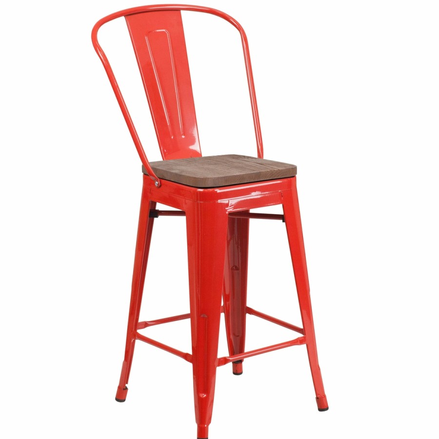 More FLASH | 24" High Metal Counter Height Stool With Back And Wood Seat