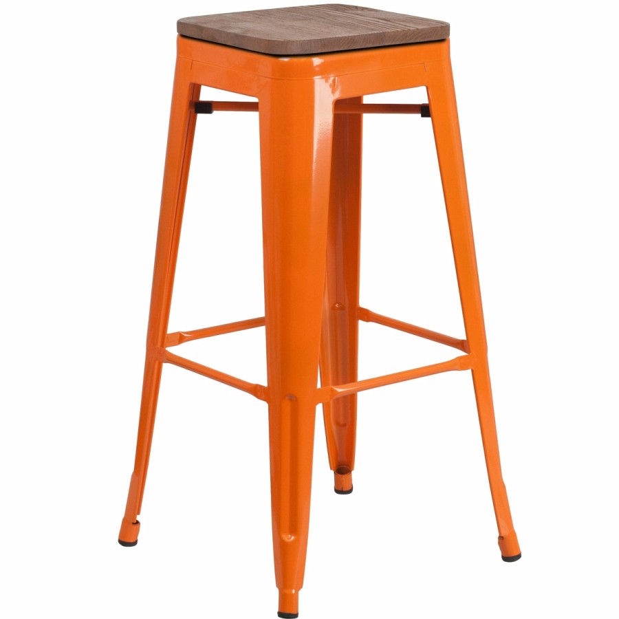 More FLASH | 30" High Backless Metal Barstool With Square Wood Seat