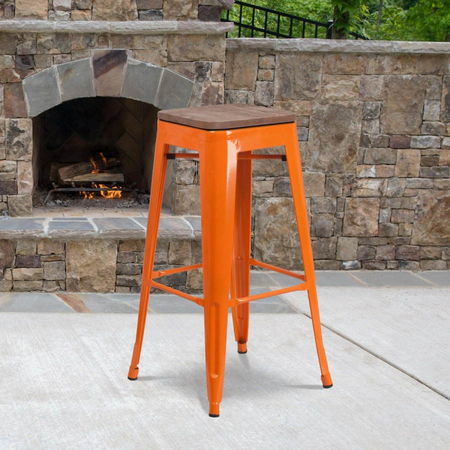 More FLASH | 30" High Backless Metal Barstool With Square Wood Seat