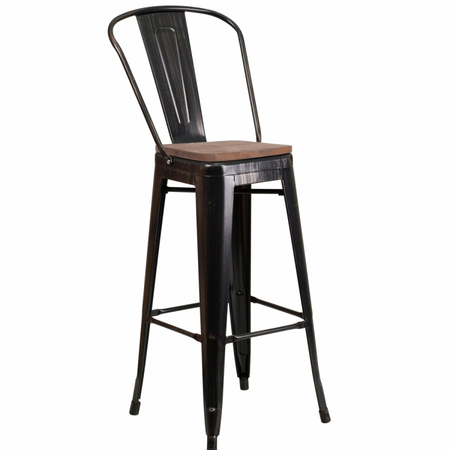 More FLASH | 30" High Metal Barstool With Back And Wood Seat