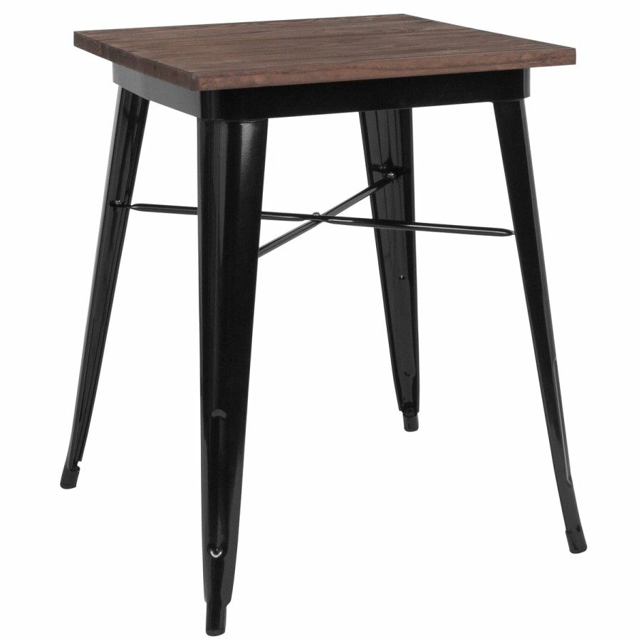 More FLASH | 23.5" Square Metal Indoor Table With Rustic Wood Top