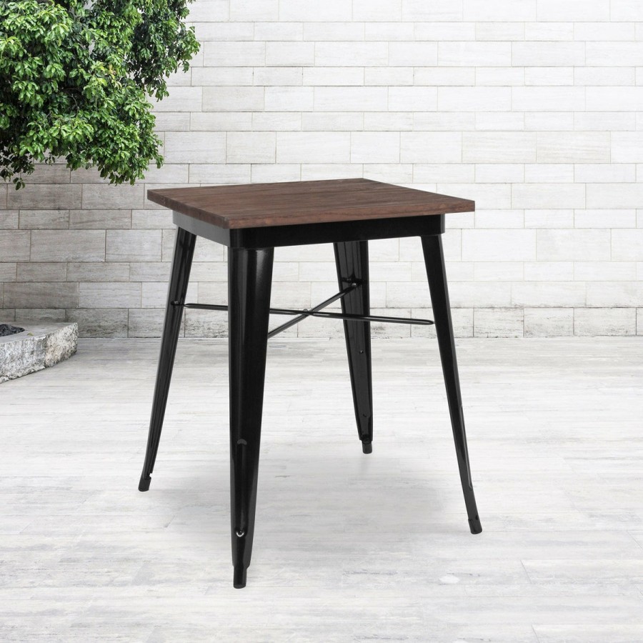 More FLASH | 23.5" Square Metal Indoor Table With Rustic Wood Top