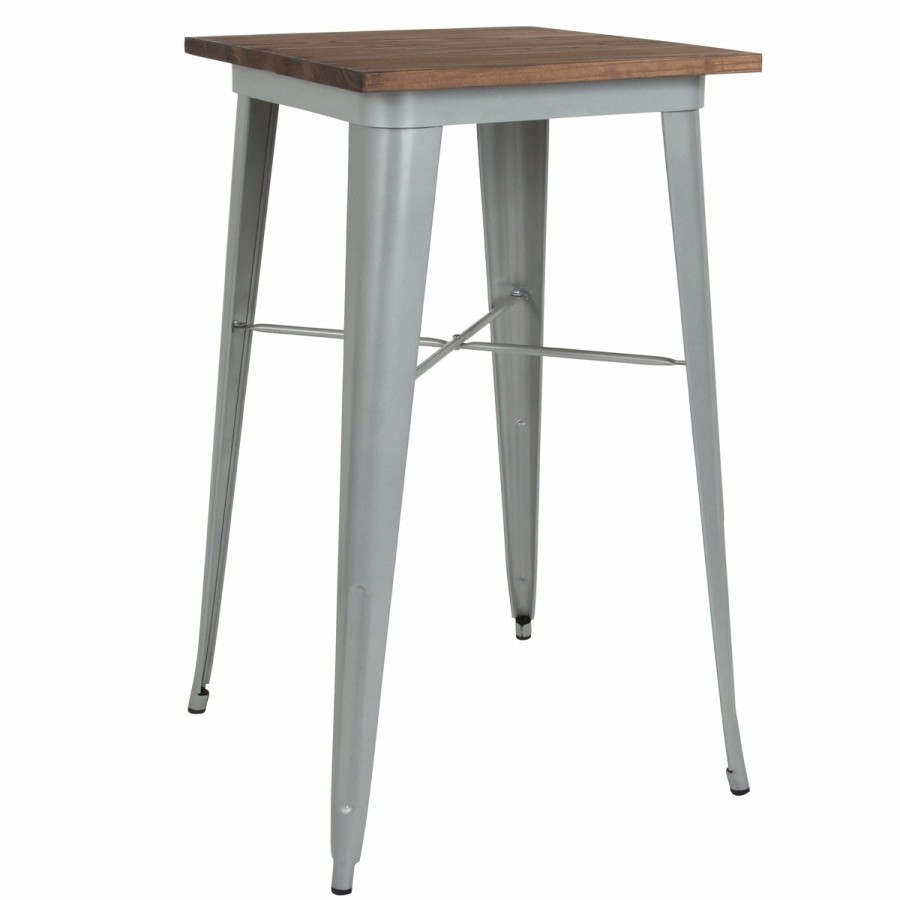 More FLASH | 23.5" Square Metal Indoor Bar Height Table With Rustic Wood Top