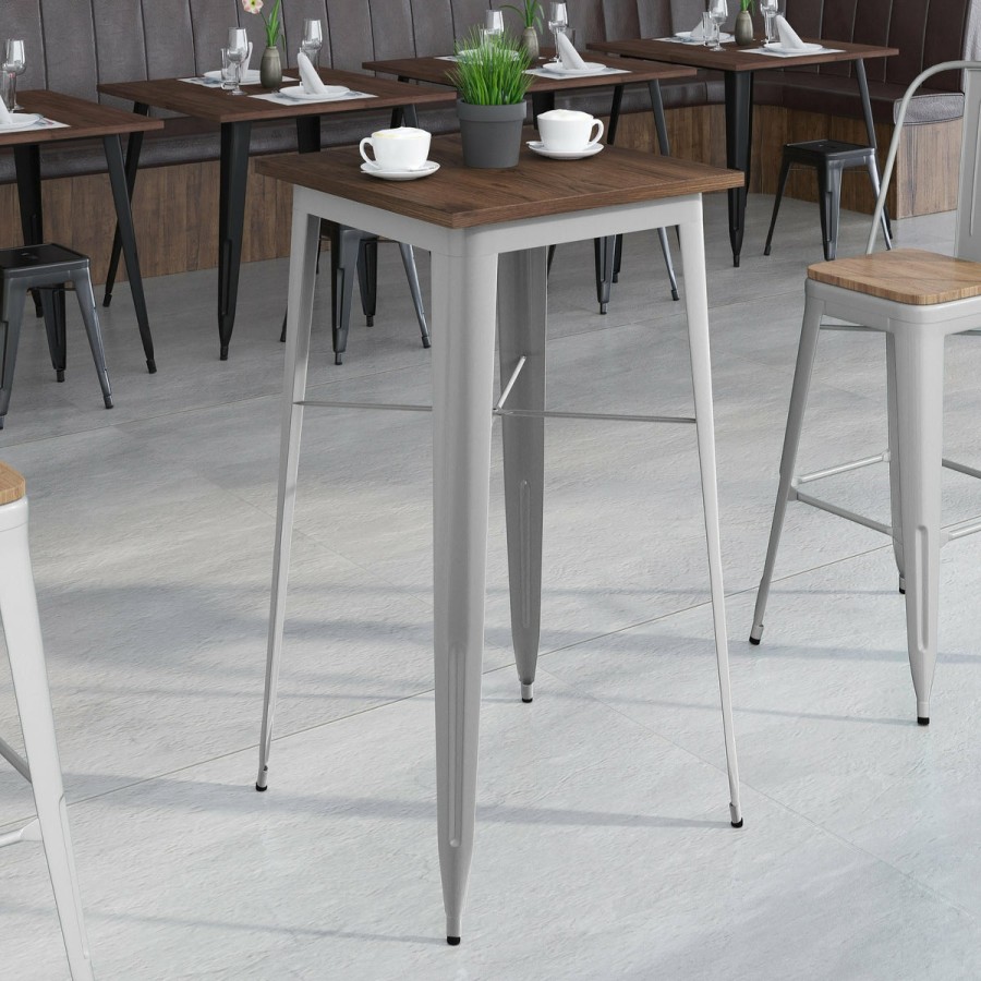 More FLASH | 23.5" Square Metal Indoor Bar Height Table With Rustic Wood Top