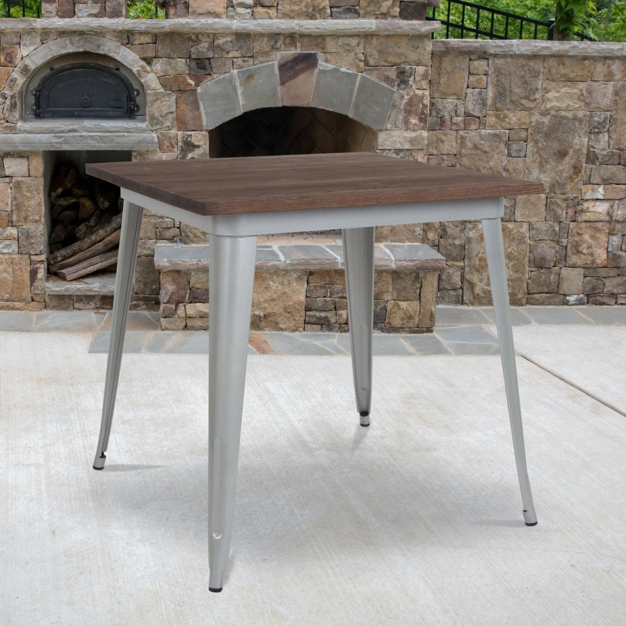 More FLASH | 31.5" Square Metal Indoor Table With Rustic Wood Top