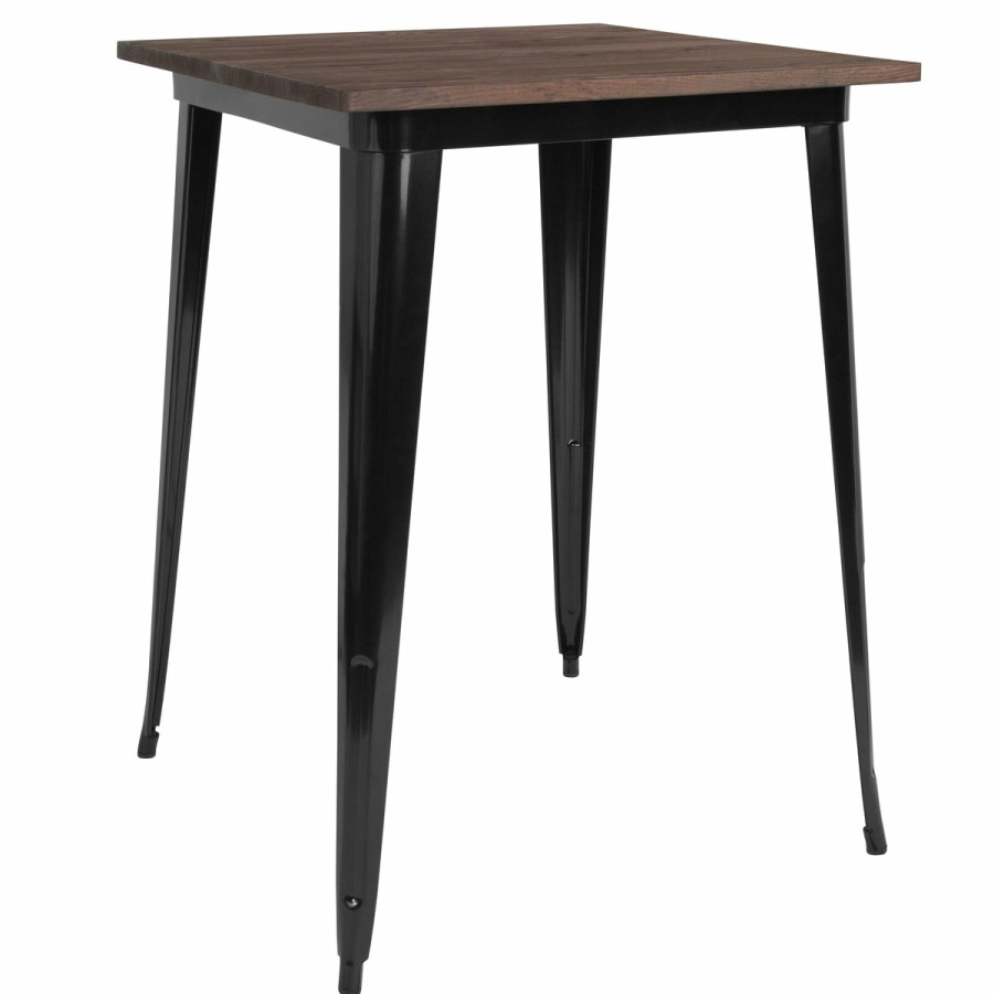 More FLASH | 31.5" Square Metal Indoor Bar Height Table With Rustic Wood Top