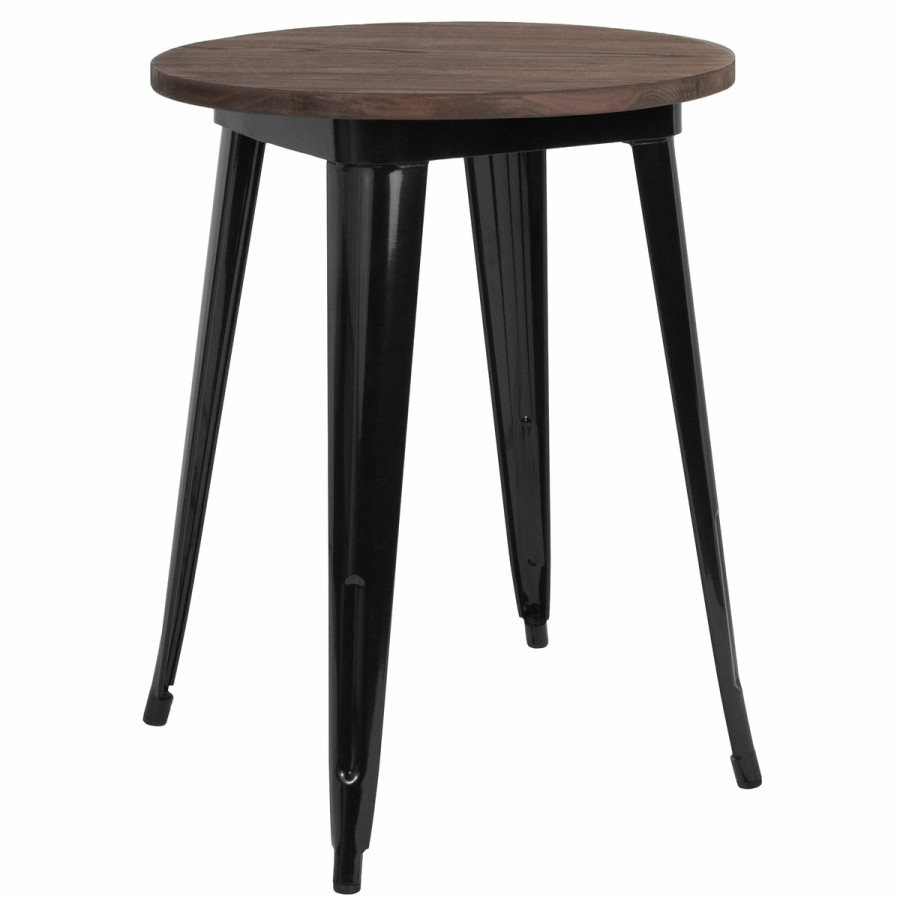 More FLASH | 24" Round Metal Indoor Table With Rustic Wood Top