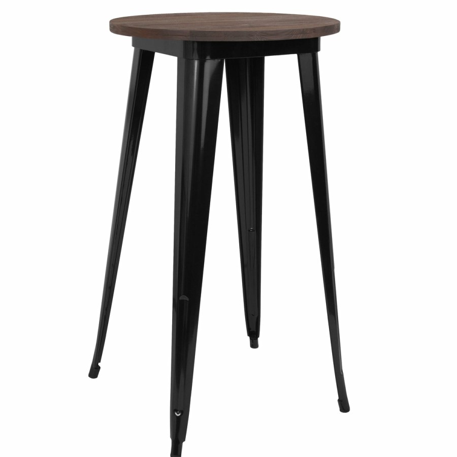 More FLASH | 24" Round Metal Indoor Bar Height Table With Rustic Wood Top