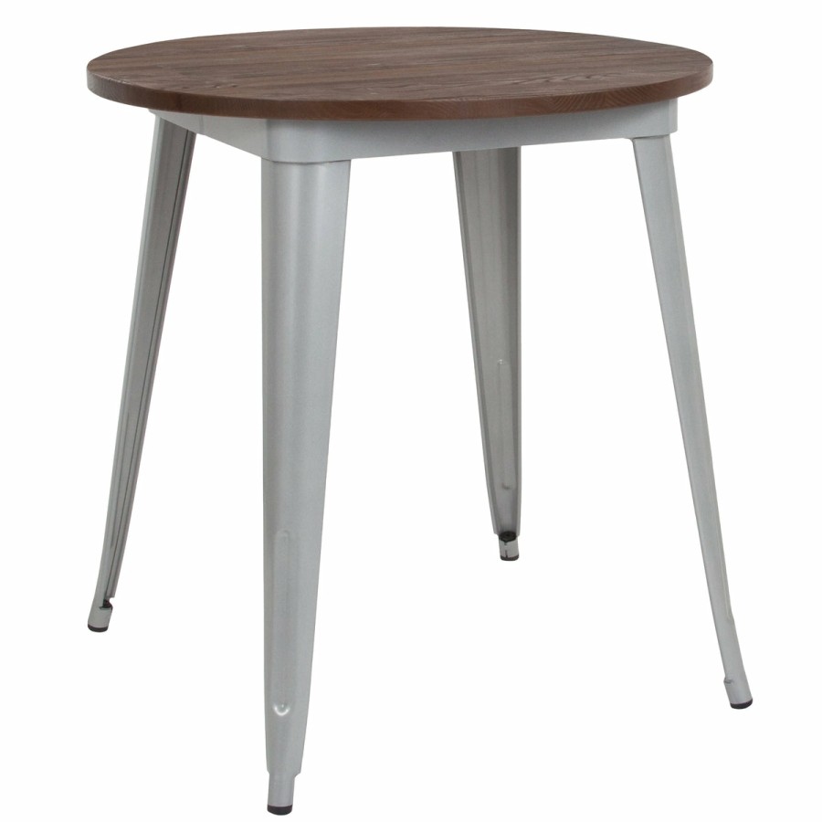 More FLASH | 30" Round Metal Indoor Table With Rustic Wood Top