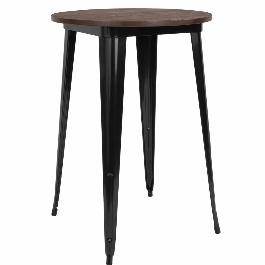 More FLASH | 30" Round Metal Indoor Bar Height Table With Rustic Wood Top