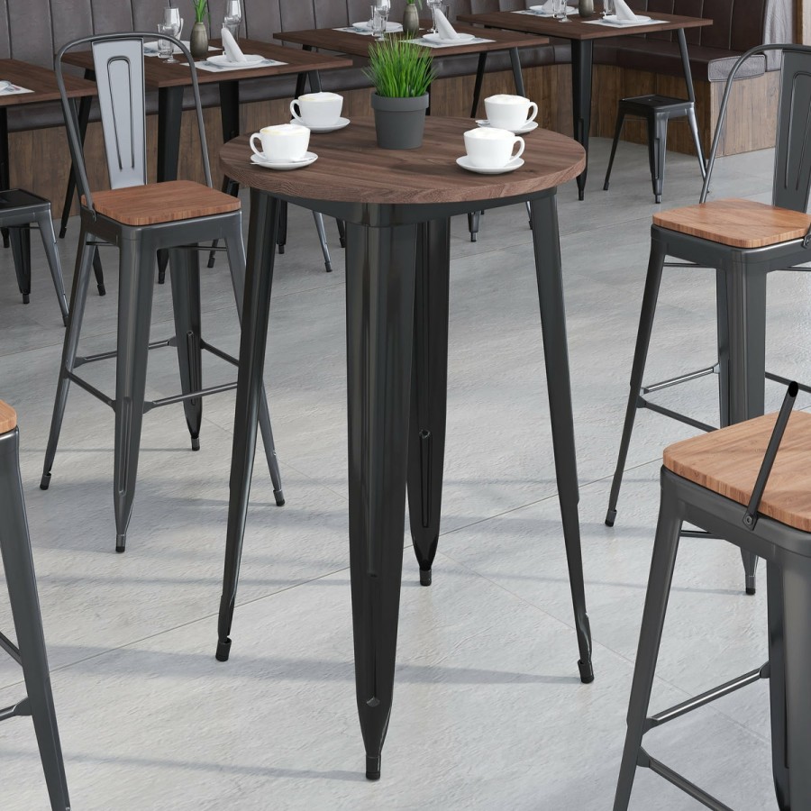 More FLASH | 30" Round Metal Indoor Bar Height Table With Rustic Wood Top