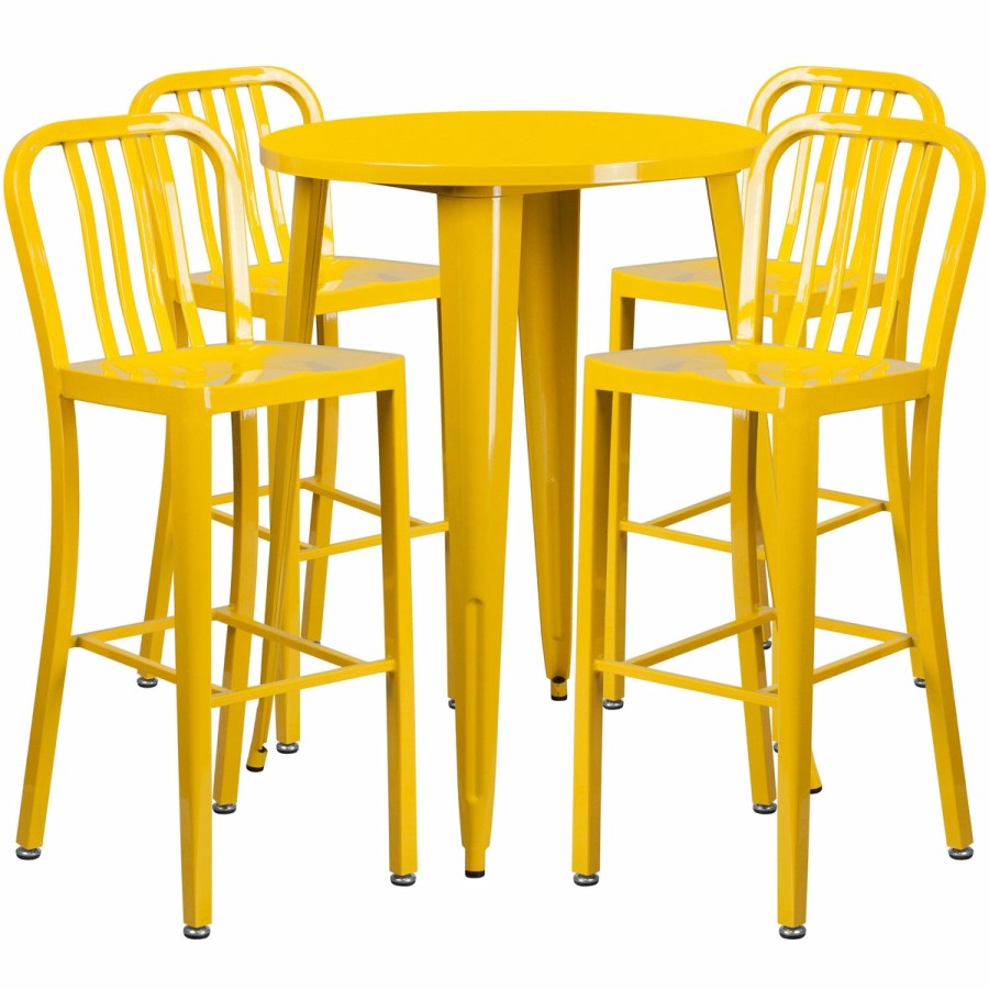 More FLASH | Commercial Grade 30" Round Metal Indoor-Outdoor Bar Table Set With 4 Vertical Slat Back Stools