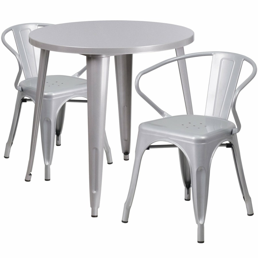 More FLASH | Commercial Grade 30" Round Metal Indoor-Outdoor Table Set With 2 Arm Chairs